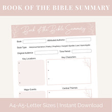 Load image into Gallery viewer, A promotional image for a 'Book of the Bible Summary' worksheet with sections for recording the book type, author, audience, key locations, key characters, major events, and central themes. It indicates the sizes A4, A5, and Letter, and mentions it is an instant download.